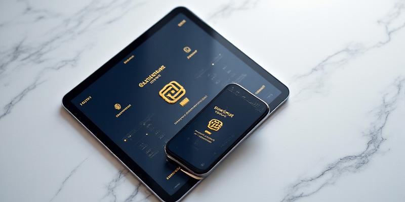Client portal displayed on a premium tablet and phone, showing encrypted login screen